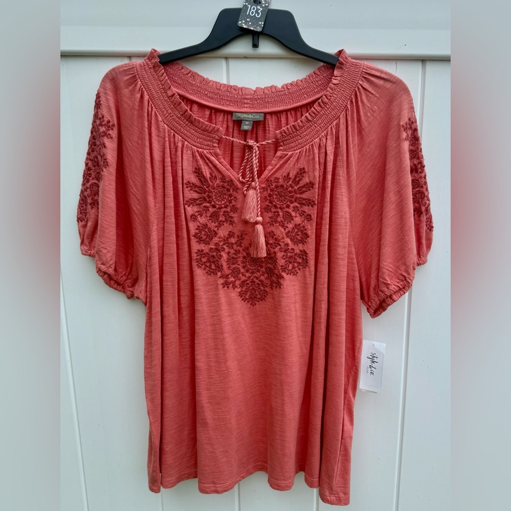 Style & Co Coral/Peach Color Short Sleeve Blouse With Embroidery Size 3X NWT